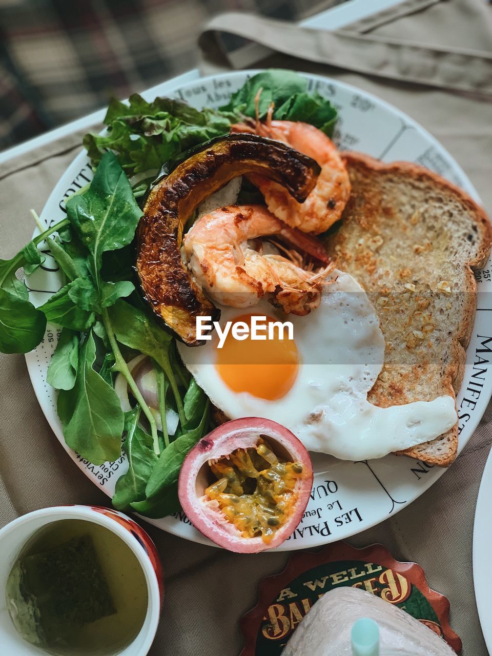 High angle view of breakfast served on table