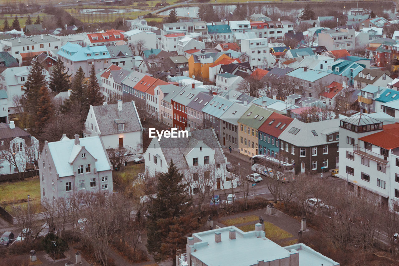 High angle view of townscape and trees during winter