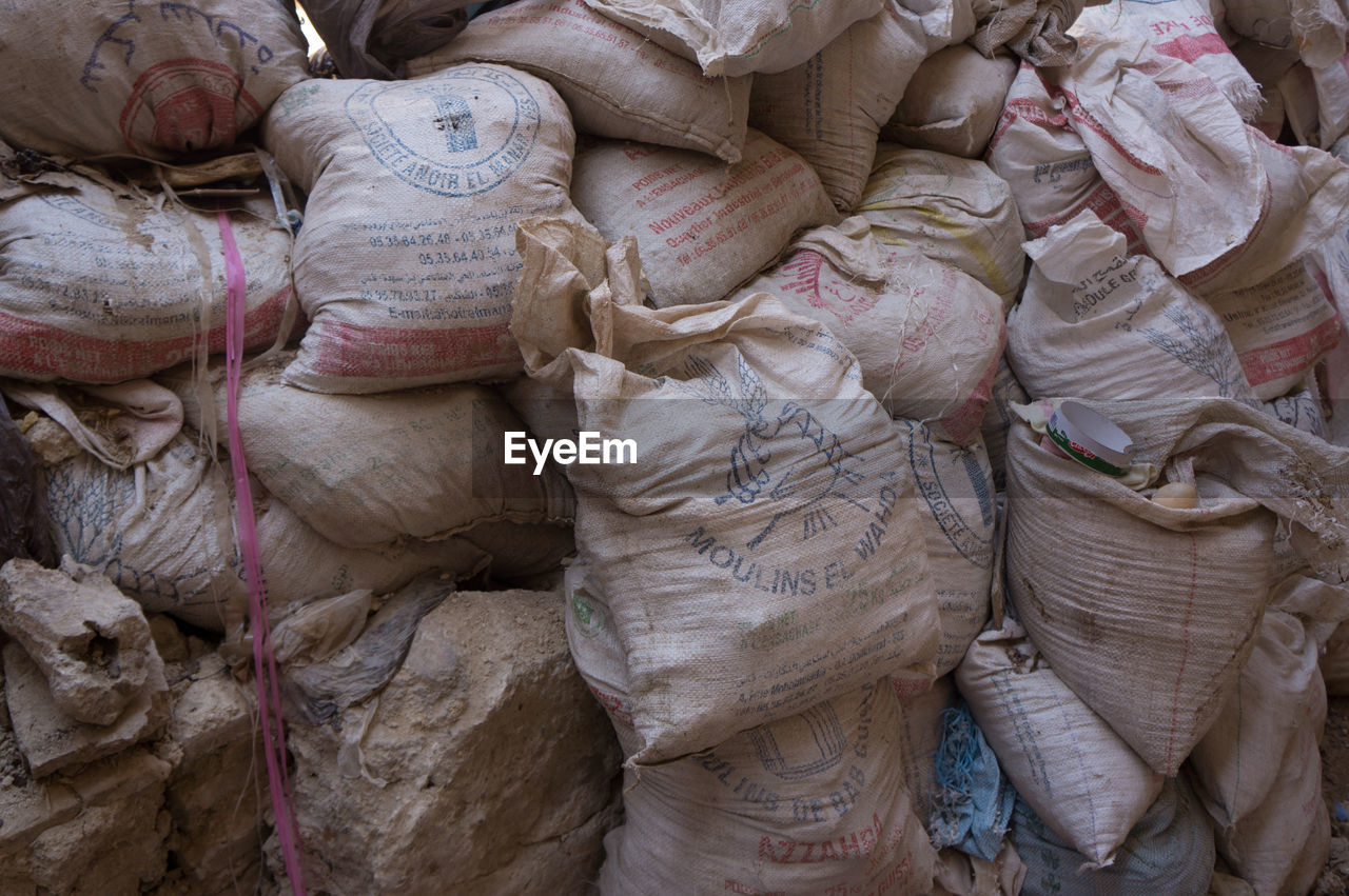 Full frame shot of sacks in warehouse