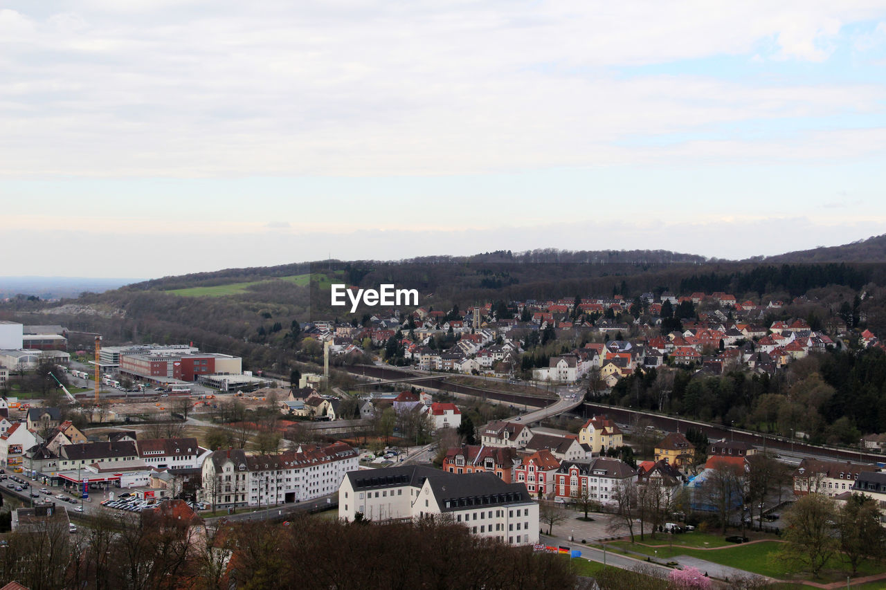 High angle view of townscape against sky