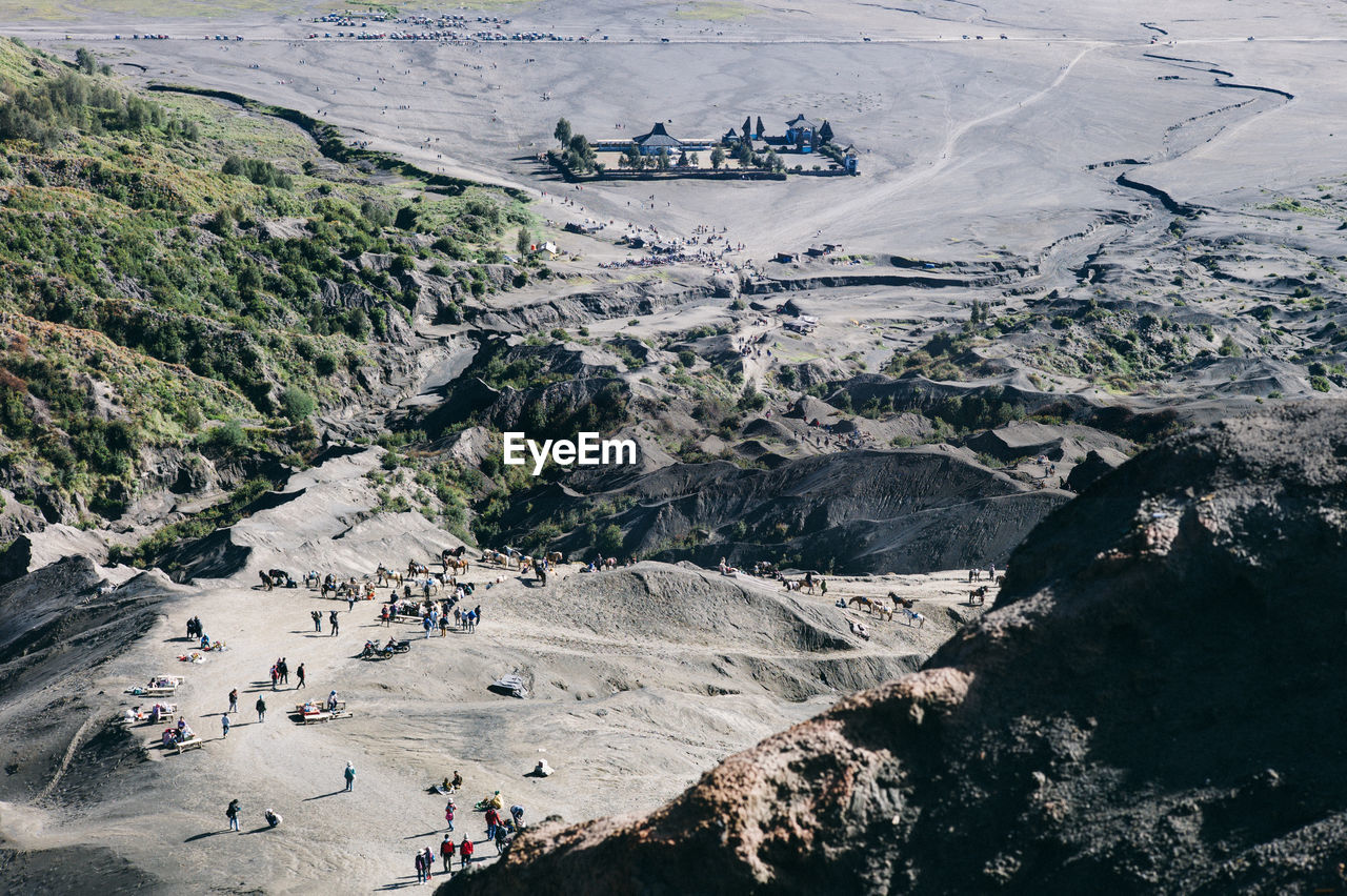 High angle view of tourists in valley