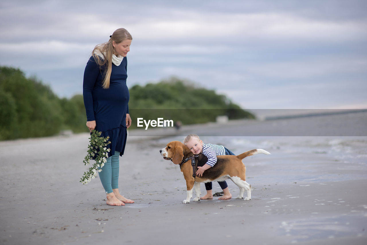 Pregnant woman standing by daughter playing with dog at beach against sky