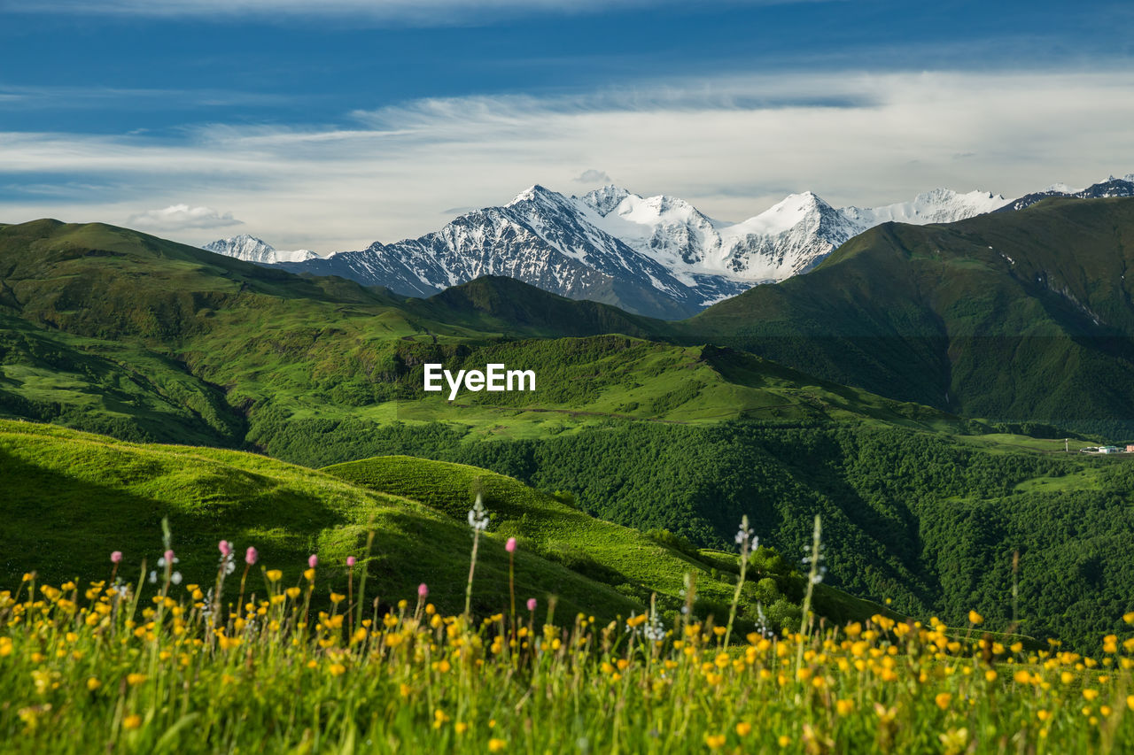Scenic view of mountains against cloudy sky in chechnya 