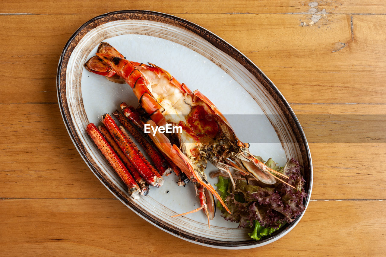 High angle view of food in plate on table