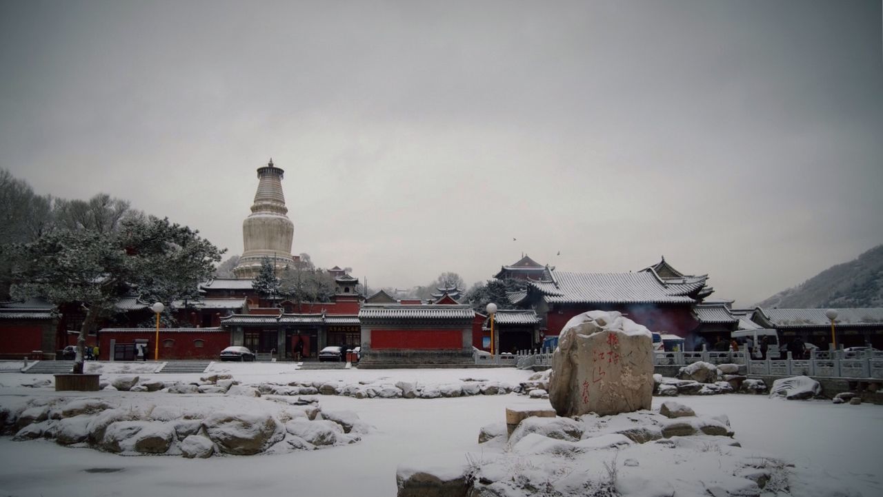 Temples against sky during winter