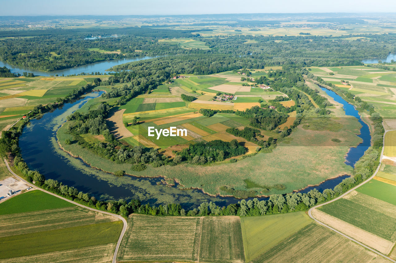 Aerial view of the oxbow lake of the drava river, croatia