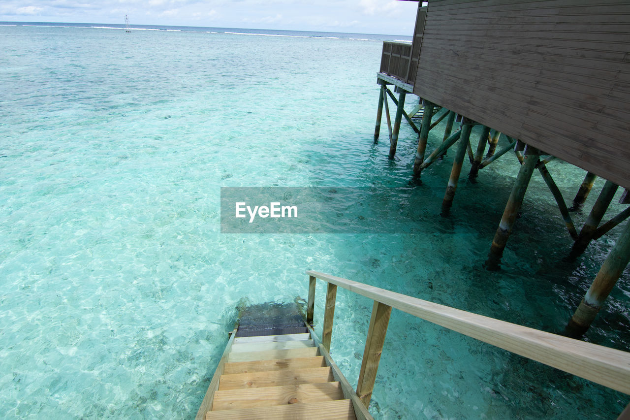 HIGH ANGLE VIEW OF PIER BY SWIMMING POOL