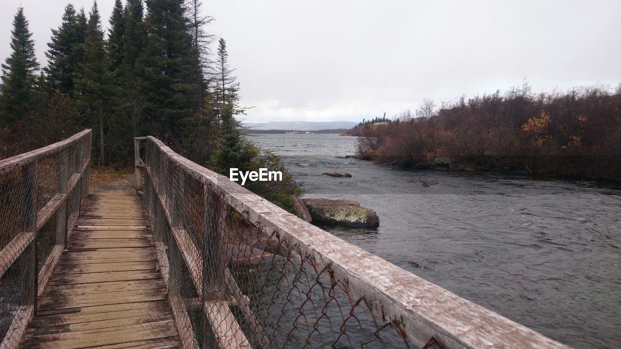 FOOTBRIDGE OVER RIVER AMIDST TREES IN FOREST