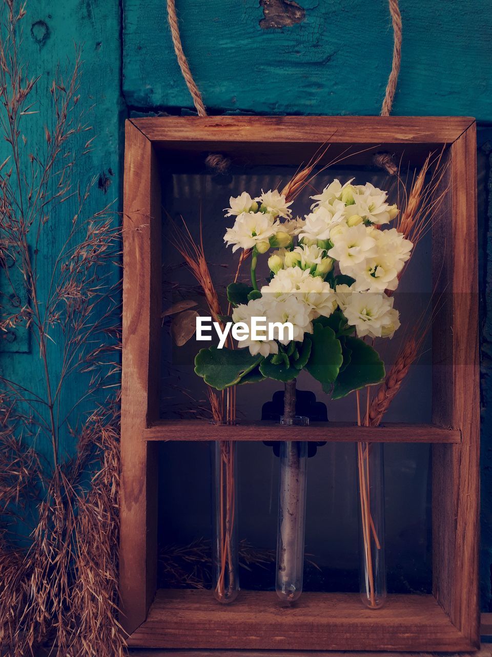 CLOSE-UP OF POTTED PLANT IN VASE ON WOODEN TABLE