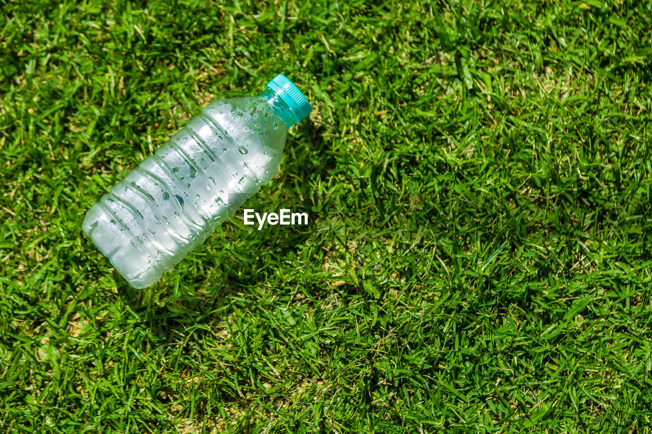 Plastic water bottle laying on green grassy sport field on sunny day