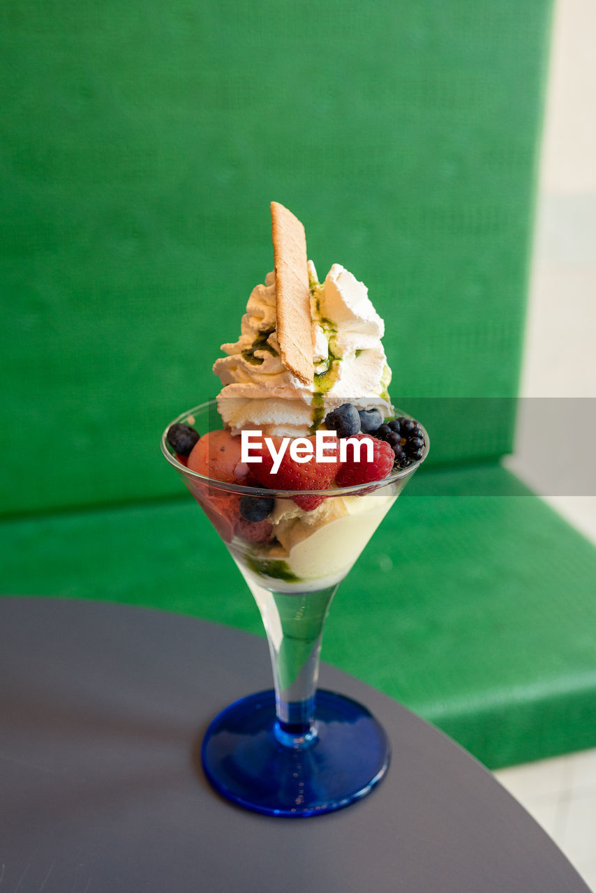 Close-up of ice cream on table