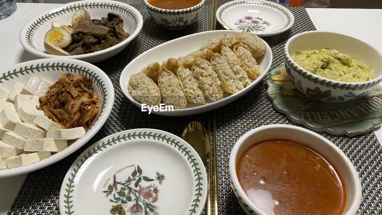 high angle view of food in bowls on table