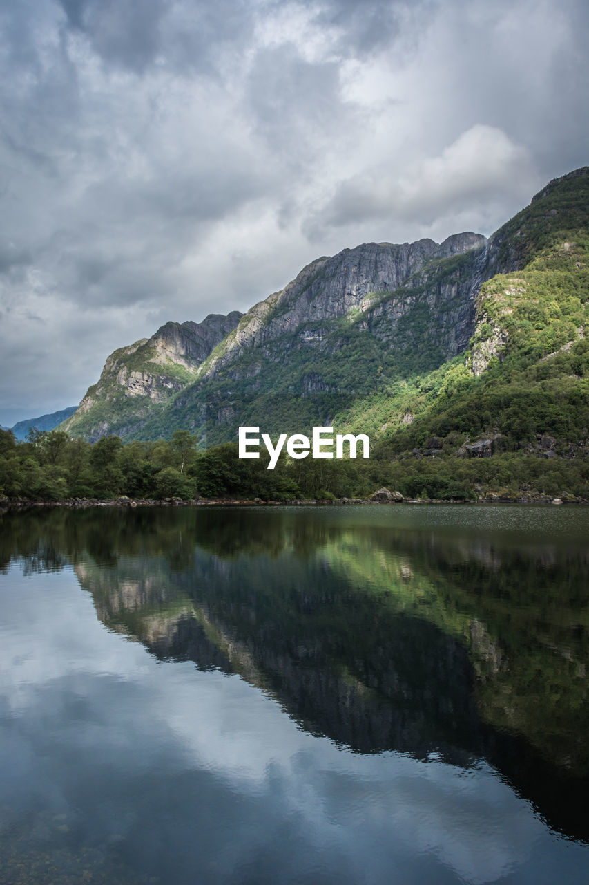 Scenic view of lake and mountains against sky