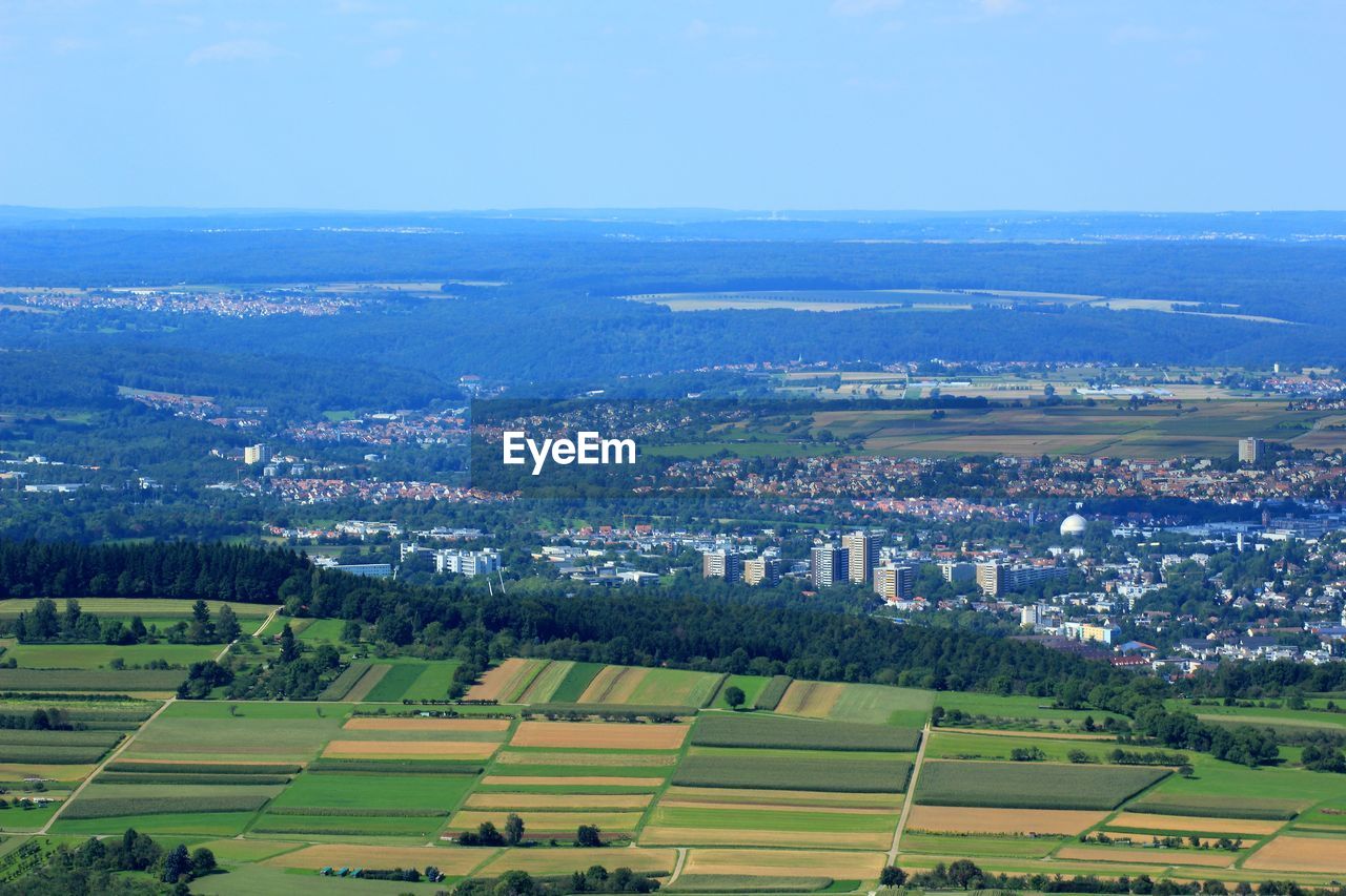 High angle view of agricultural field against sky