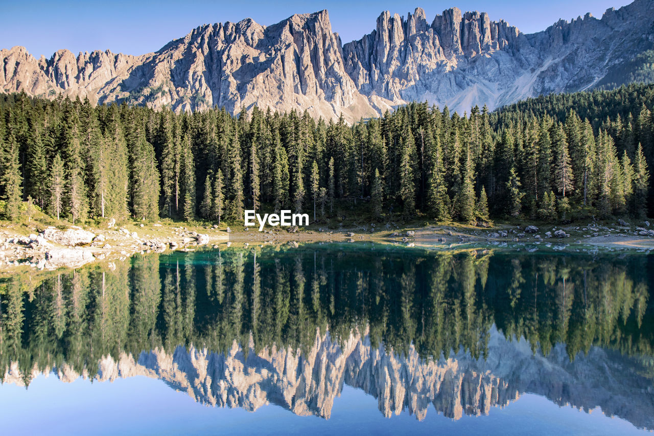 Reflection of trees and mountains on lake