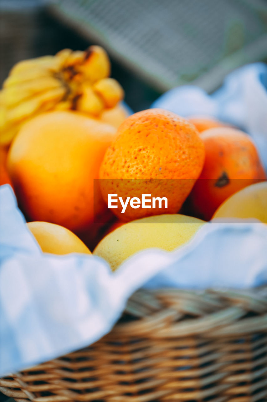 high angle view of fruits in wicker basket