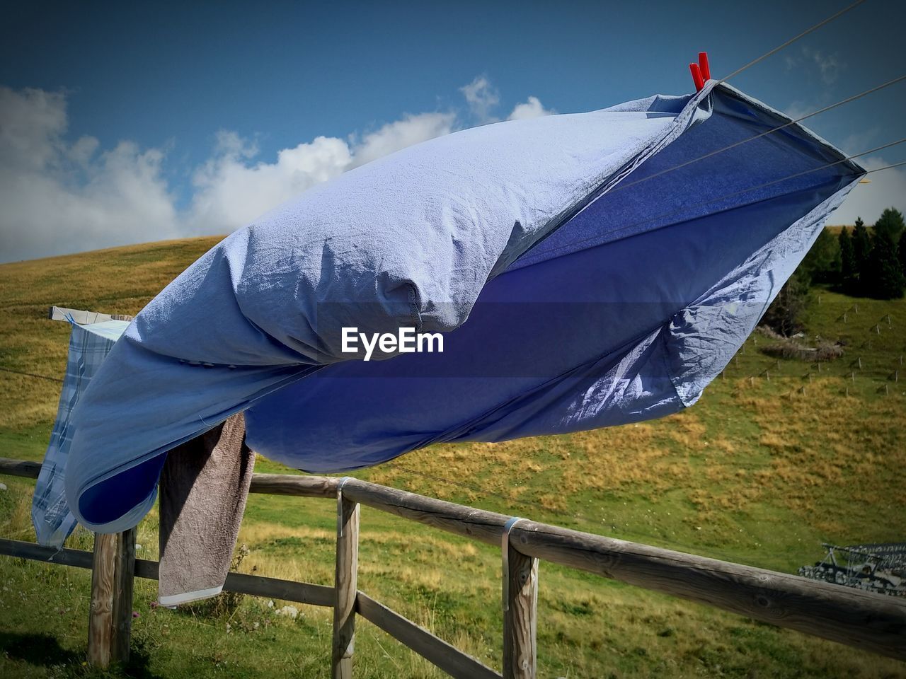 TILT IMAGE OF UMBRELLA ON FIELD