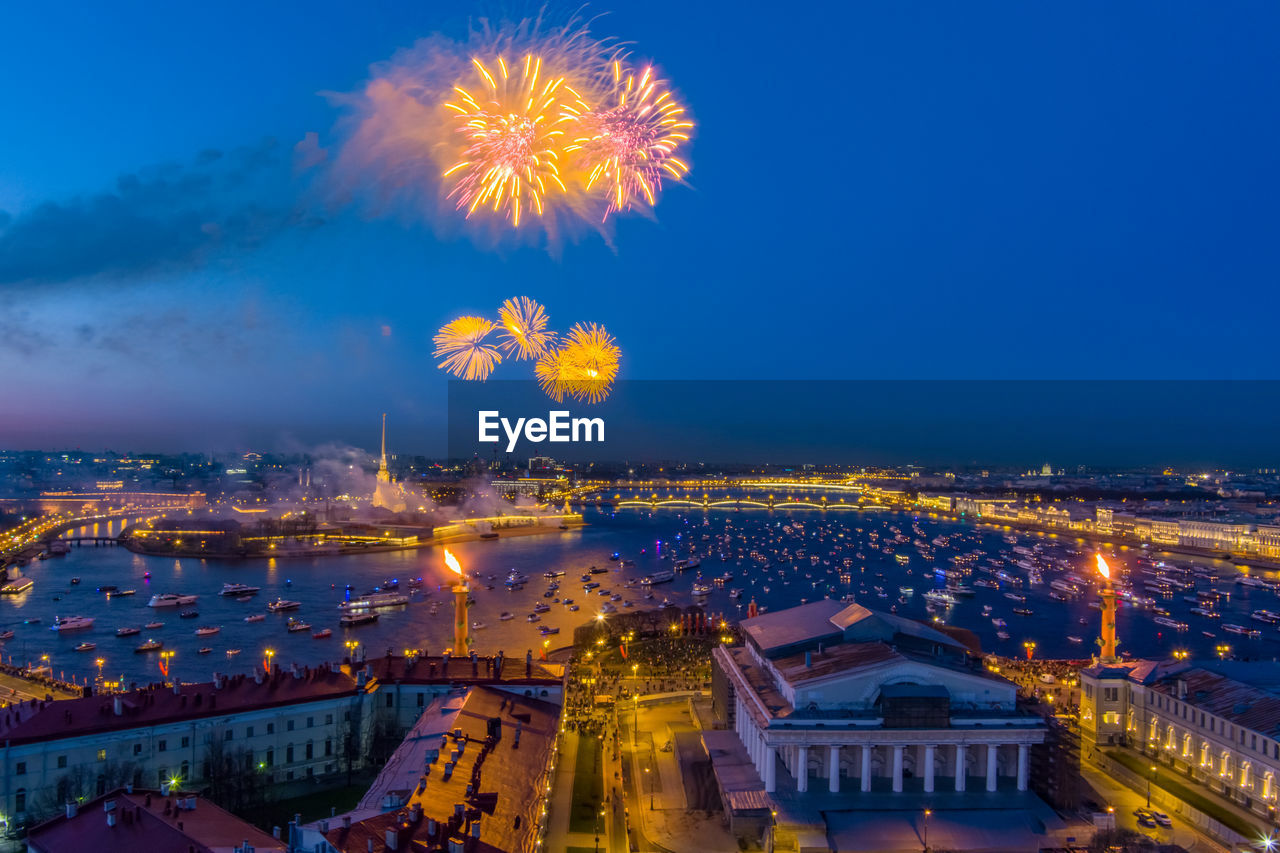 HIGH ANGLE VIEW OF ILLUMINATED BUILDINGS IN CITY