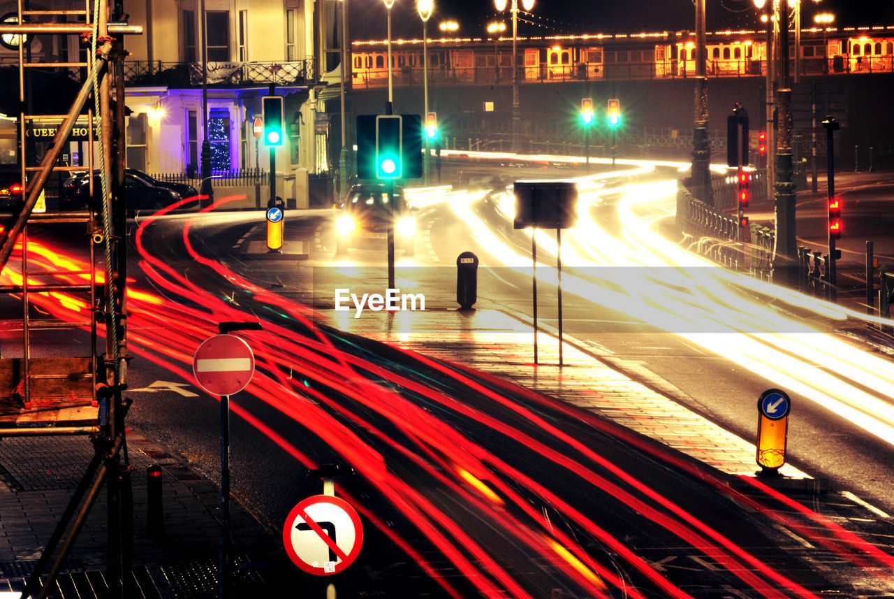 High angle view of light trails on urban street