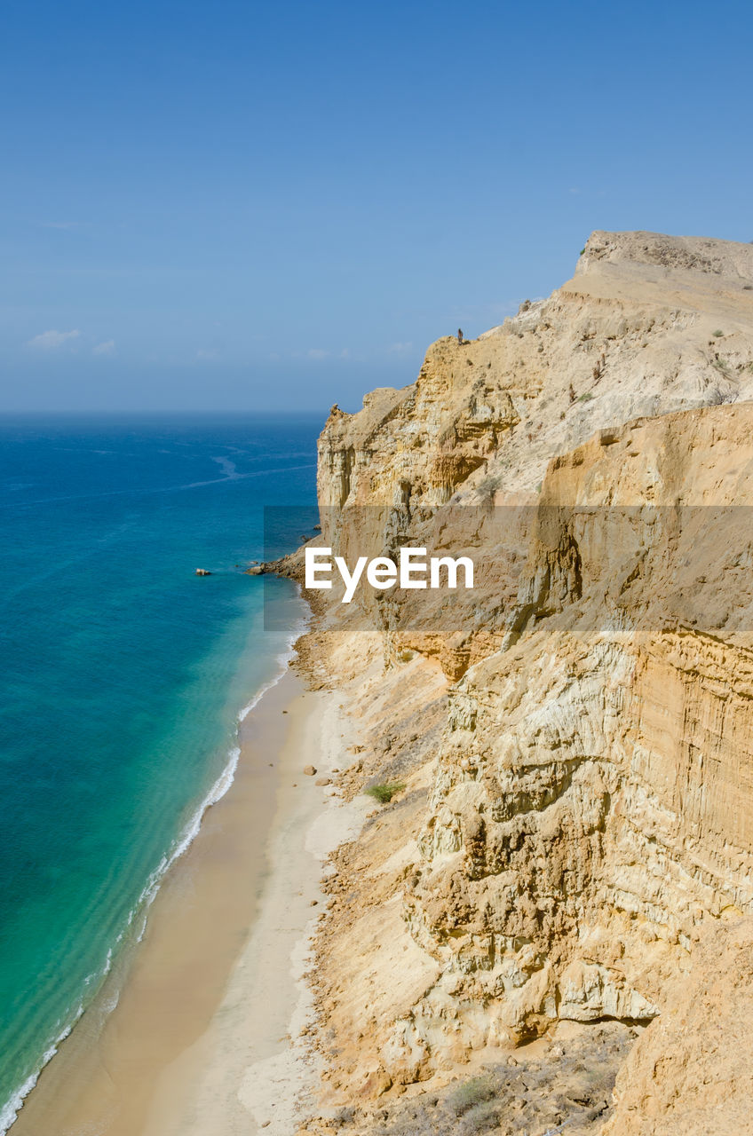 Scenic view of sea against clear blue sky