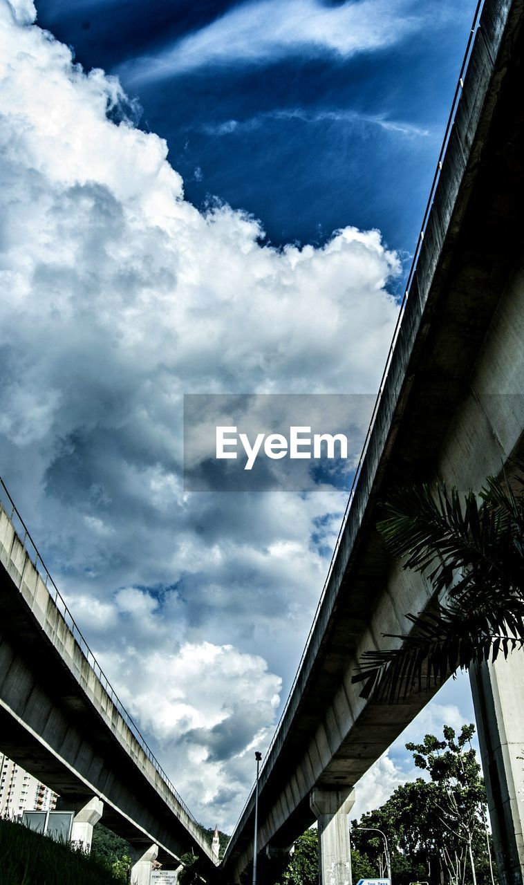 LOW ANGLE VIEW OF BRIDGE WITH BRIDGE AGAINST CLOUDY SKY