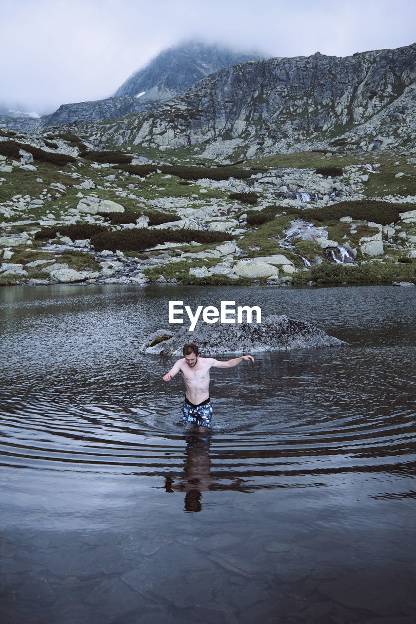 High angle view of man in lake