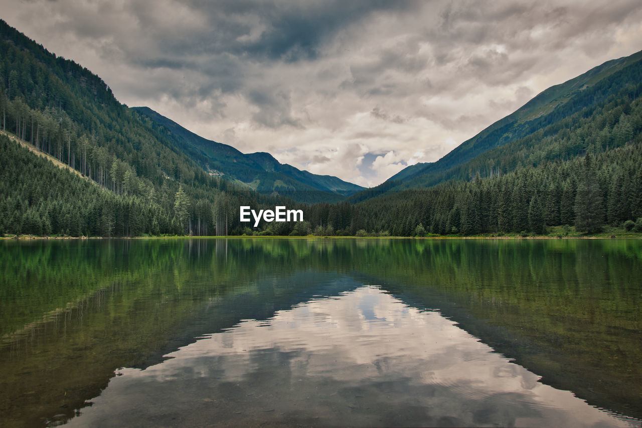 Scenic view of lake and mountains against sky