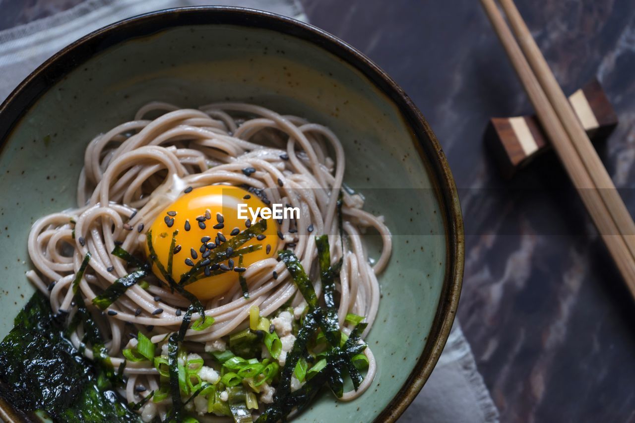 High angle view of meal in bowl on table