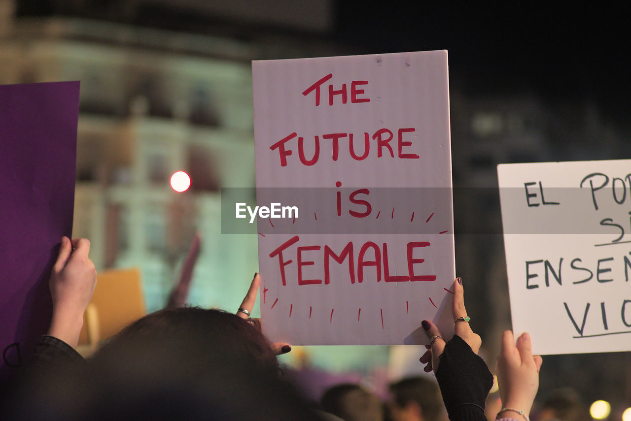 Valencia, spain.  march 8, 2022 poster close-up of text at the feminist demonstration on 8 march.