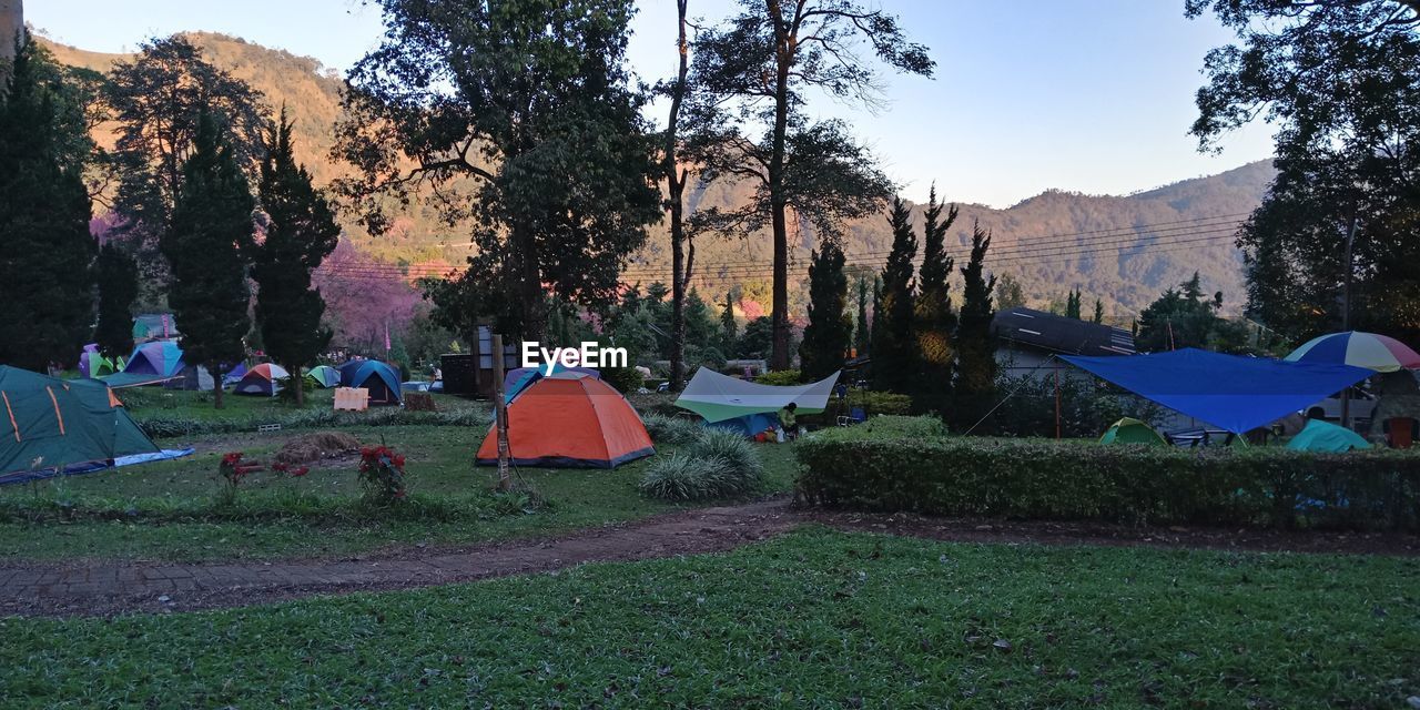 Tent in park against sky