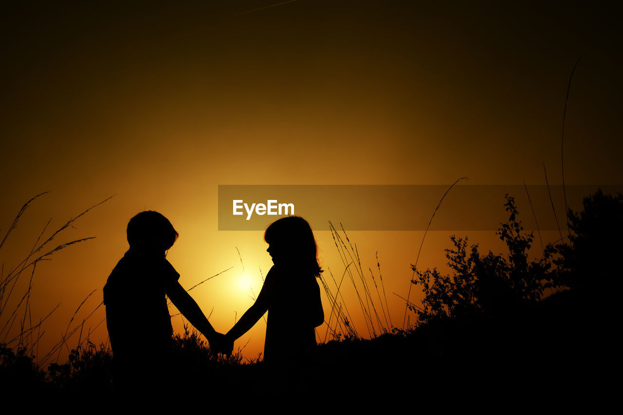 Silhouette people against sky during sunset on field