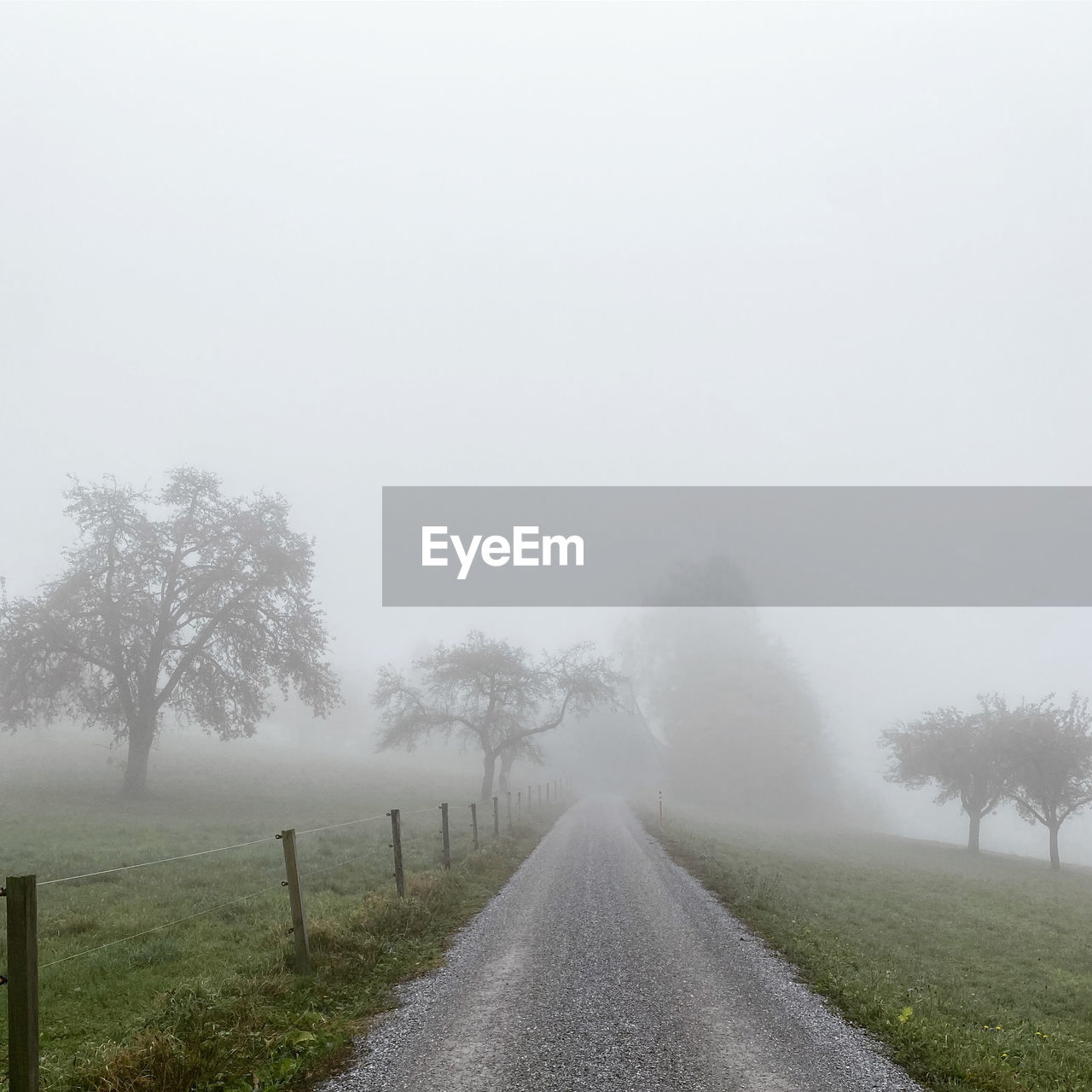 ROAD AMIDST FIELD AGAINST SKY DURING FOGGY WEATHER