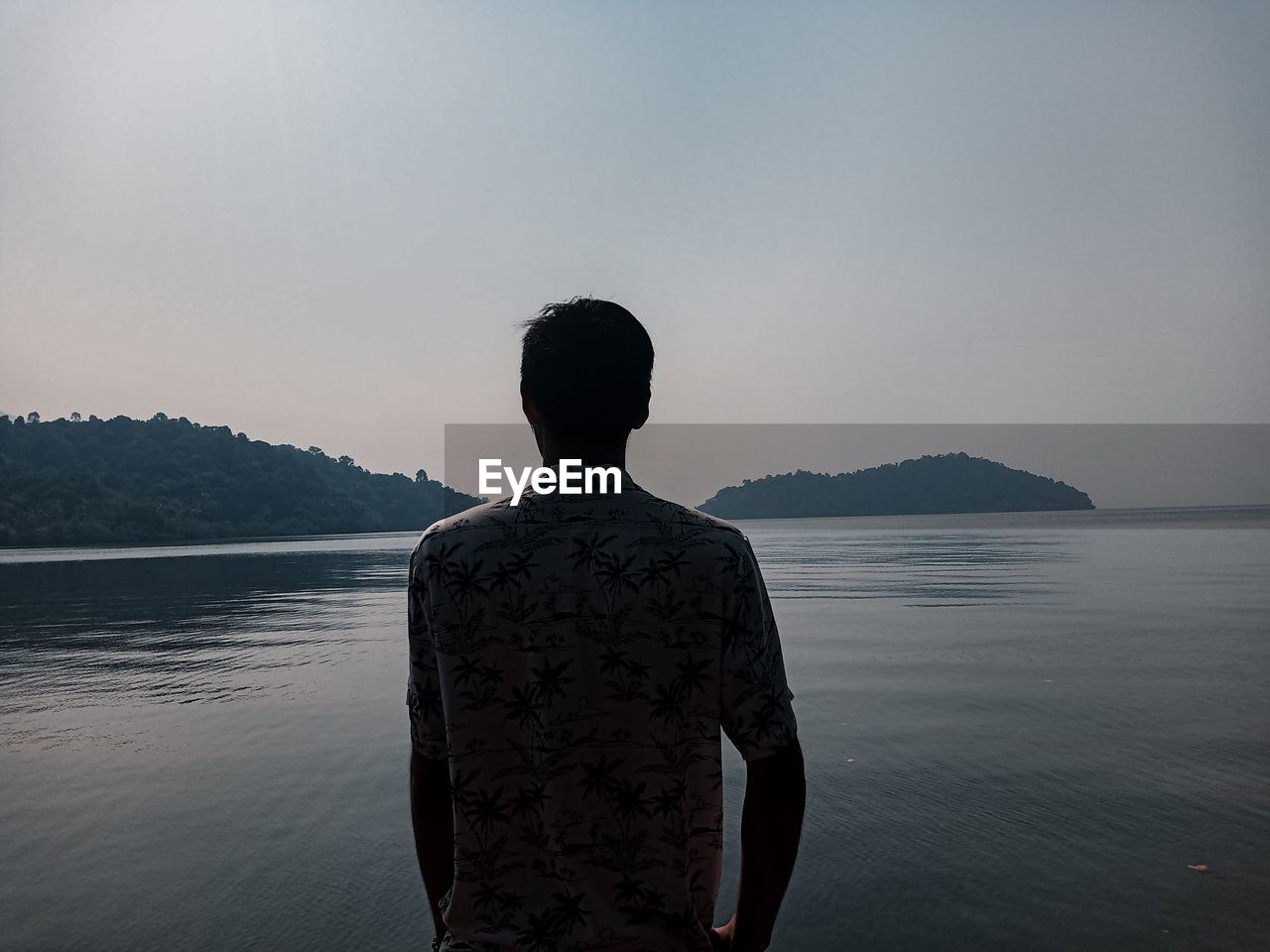 Rear view of man looking at sea against clear sky