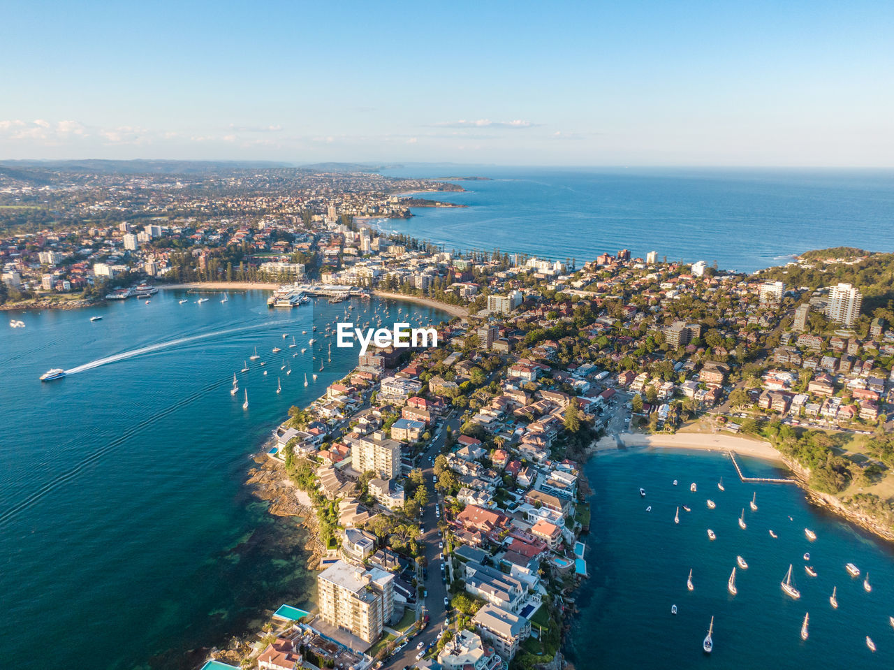 Drone view of manly, sydney, new south wales, australia. manly harbour, manly beach in background.