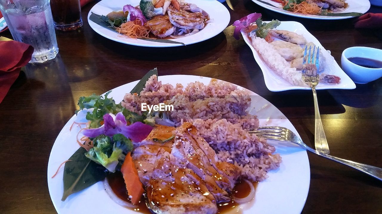 HIGH ANGLE VIEW OF FOOD SERVED ON TABLE