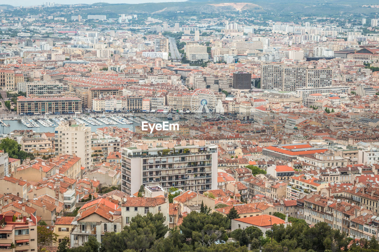 High angle view of buildings in city