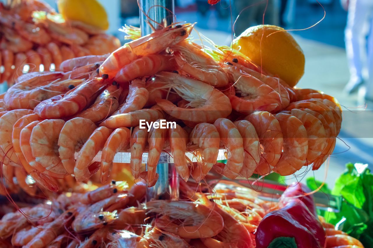 Close-up of shrimps for sale at market stall