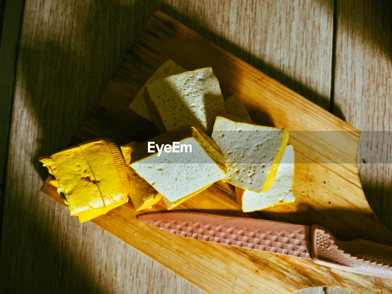 High angle view of chunk tofu on kitchen table