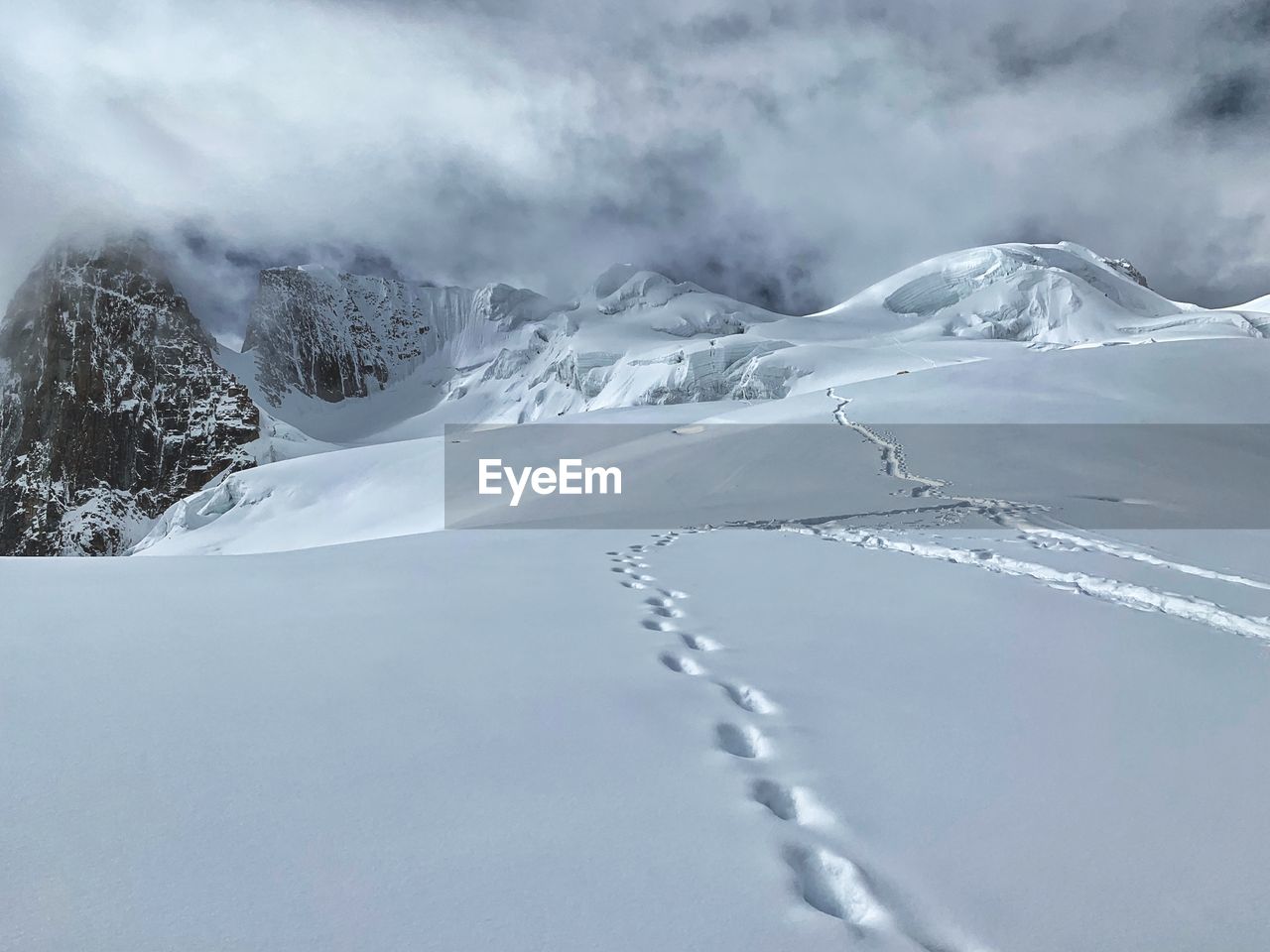 Scenic view of snow covered mountains against sky