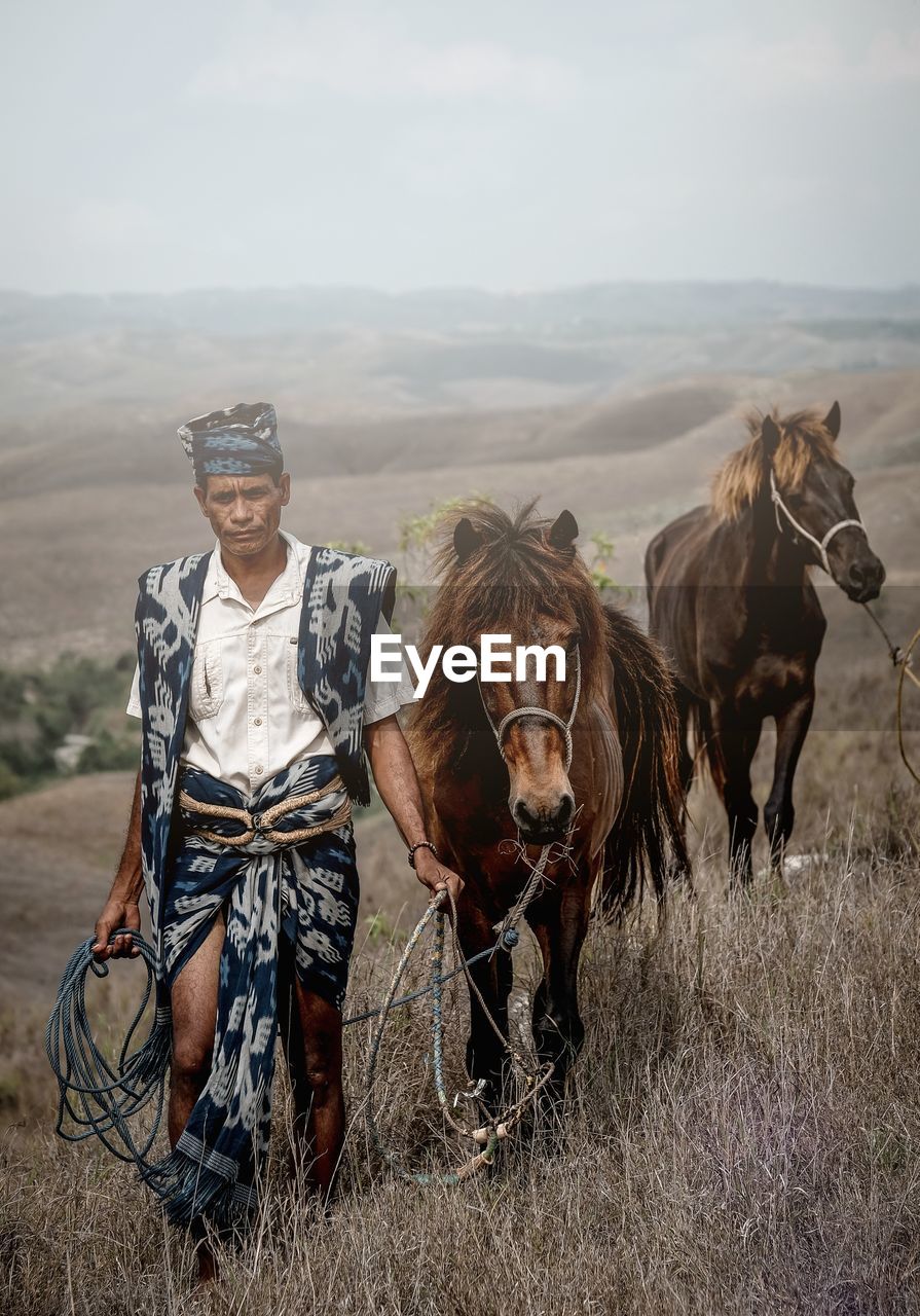 Rear view of woman riding horse on field against sky