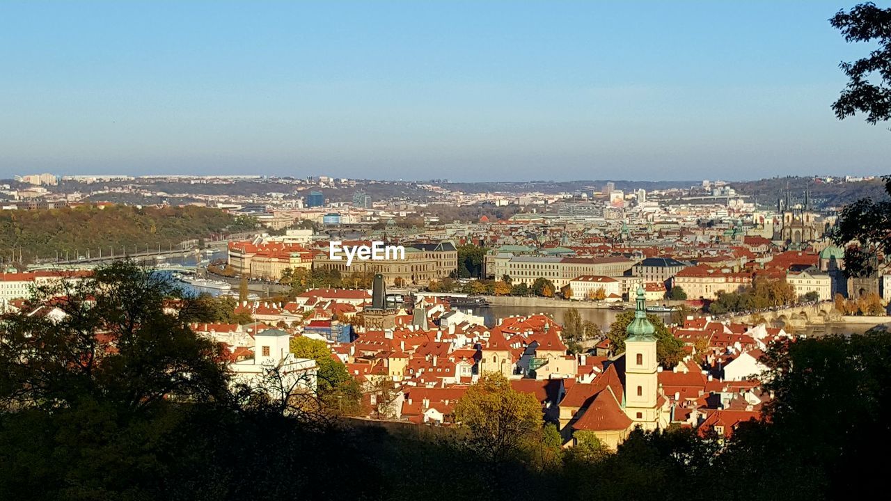 High angle view of cityscape against clear sky