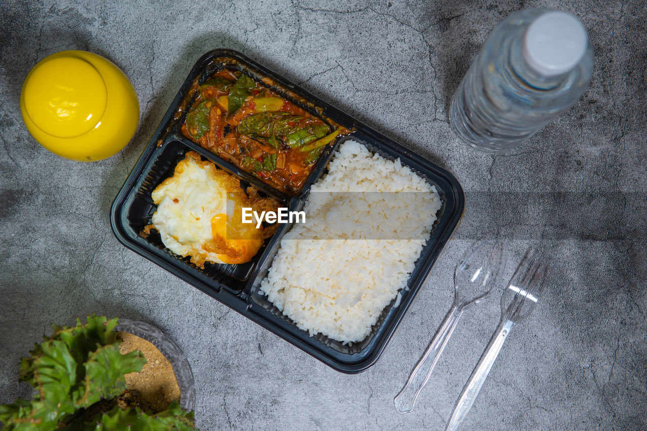 High angle view of breakfast on table