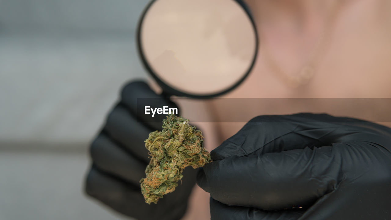 Midsection of shirtless man examining marijuana with magnifying glass