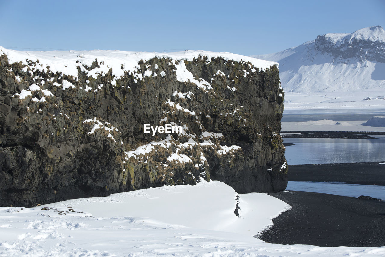 Wide lens capture of the panorama near vik, iceland in wintertime