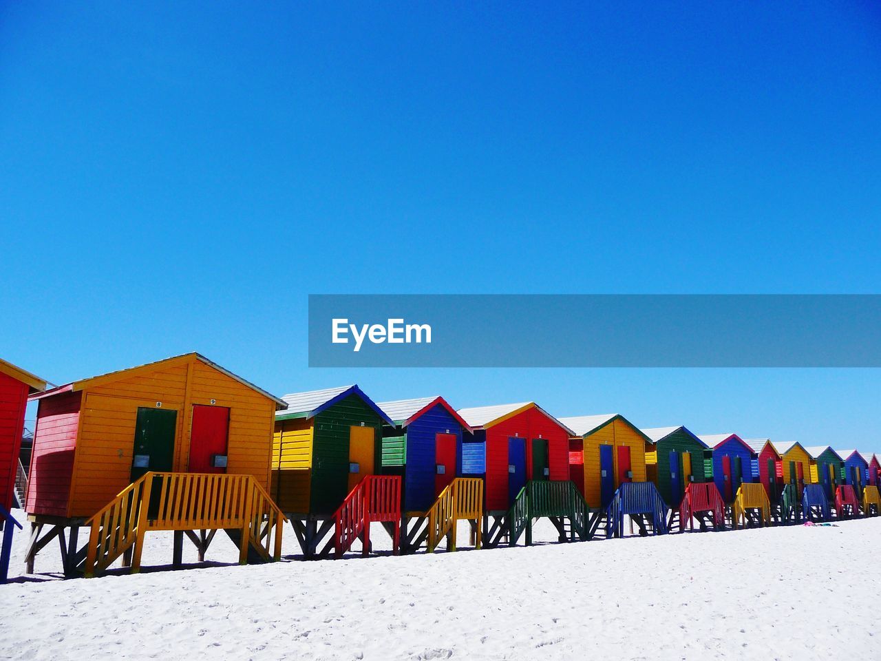 PANORAMIC VIEW OF BEACH HUTS AGAINST CLEAR BLUE SKY
