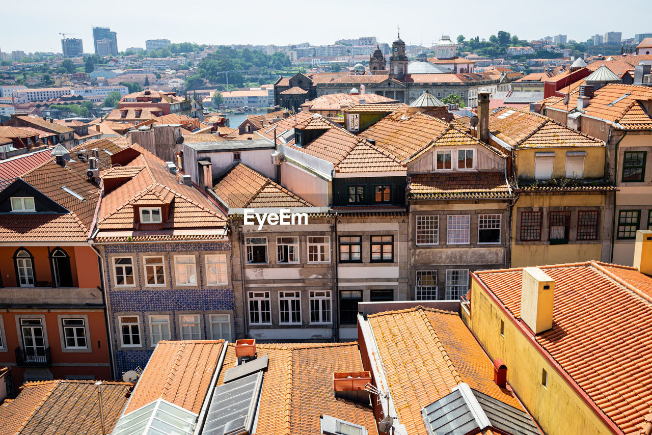 High angle view of houses in town