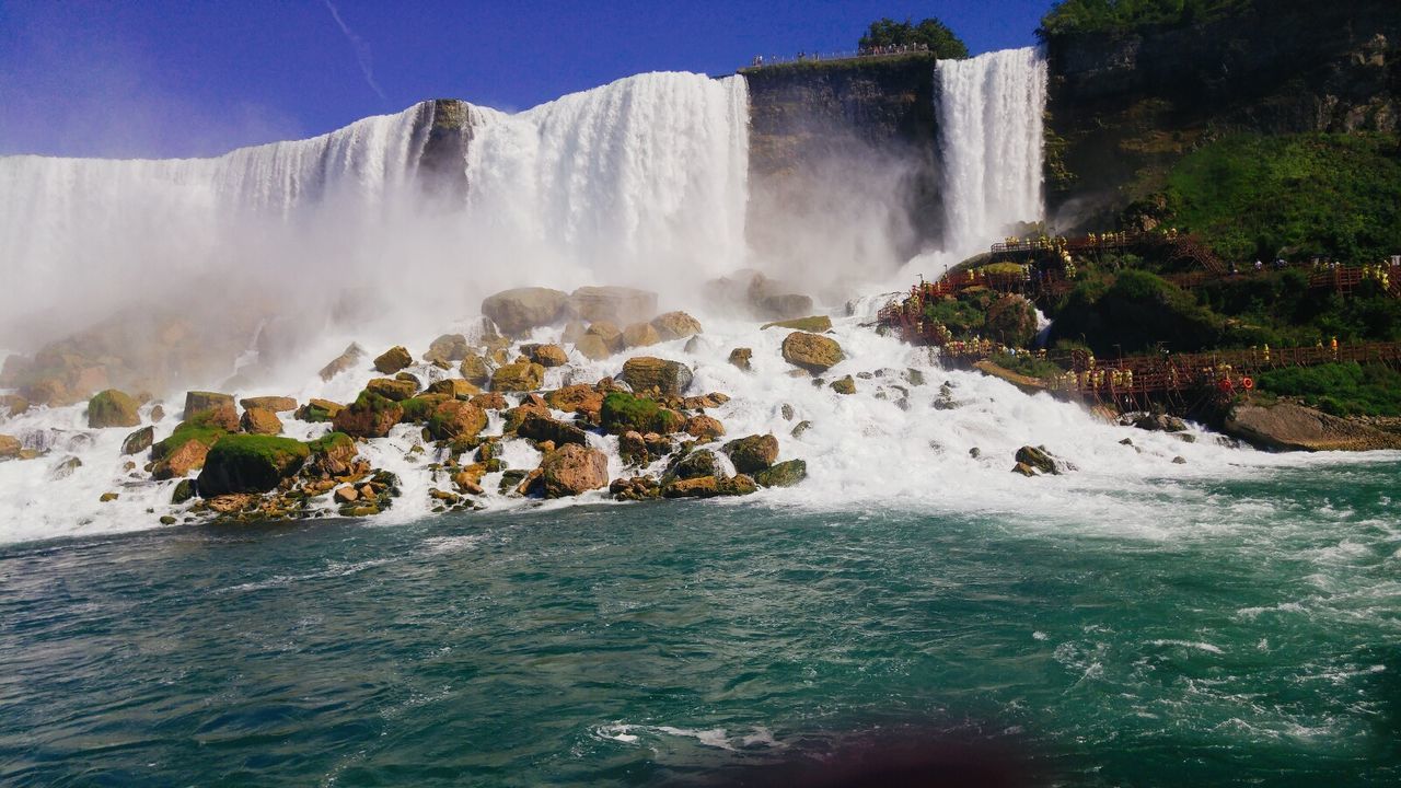 Scenic view of waterfall against clear sky