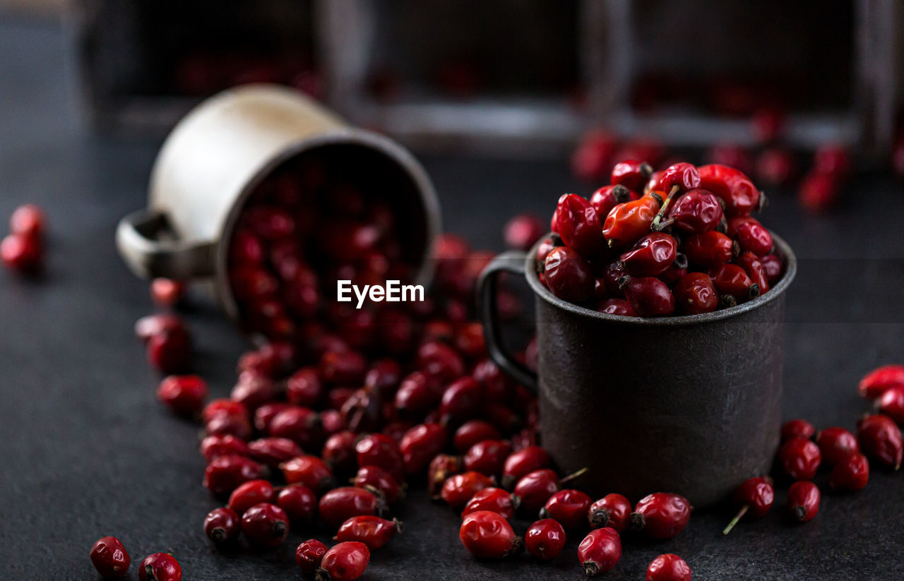 Dried rosehip fruits on the table