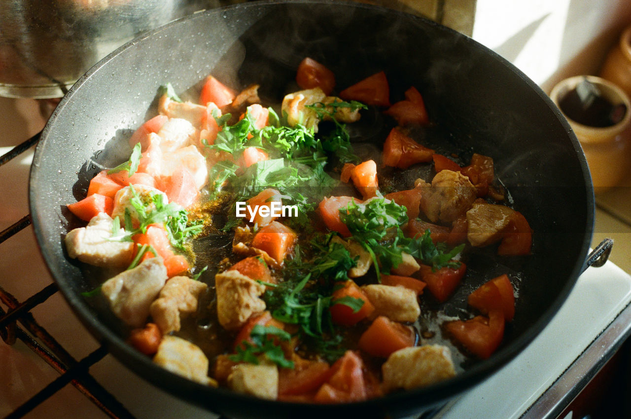 High angle view of food in cooking pan