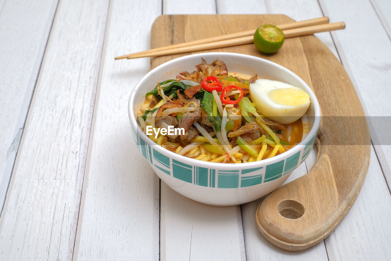 High angle view of food served in bowl